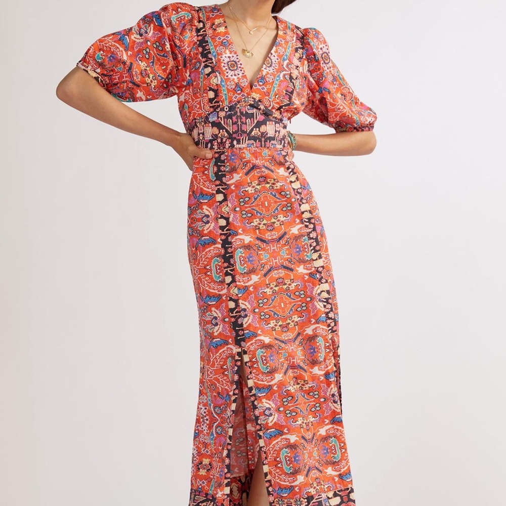 Anthropologie Floral Midi in Red Orange Motif Slit Hem Dress